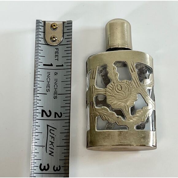 Antique Sterling Silver Perfume Overlay Glass Bottle Small Marked - Picture 4 of 4